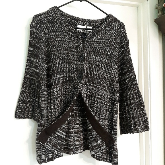 BLACK & WHITE WAFFLE WEAVE 3/4 SLEEVE CARDIGAN, M - Picture 2 of 7
